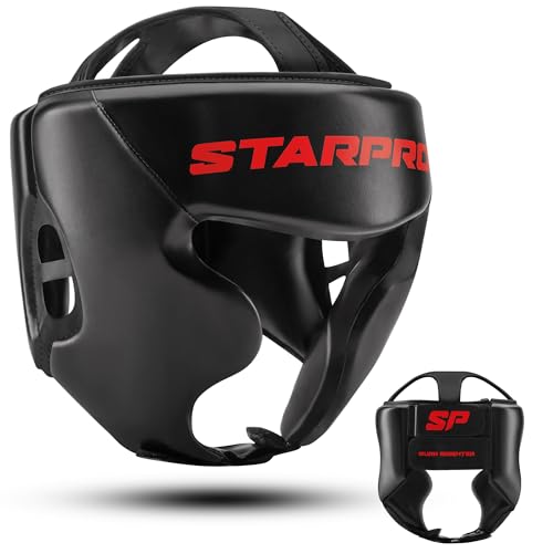 Starpro Black Boxing Headgear for Men Women - Safety Headguard with Padding - Muay Thai MMA Training Sparring Karate - size: X-Large