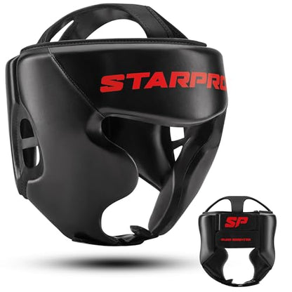 Starpro Black Boxing Headgear for Men Women - Safety Headguard with Padding - Muay Thai MMA Training Sparring Karate - size: Medium