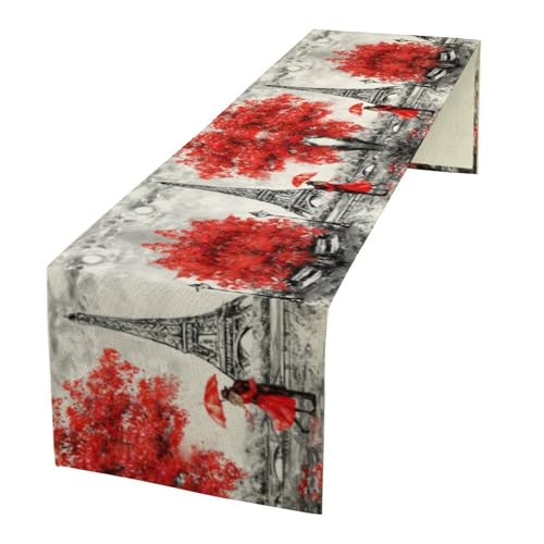 Eiffel Tower Table Runner,European City Landscape Red Tree Art Table Runner for Home Indoor Outdoor Kitchen Holiday Birthday Party Wedding Decor 13x36 Inch - color: Eiffel Tower-4, size: 13x36in