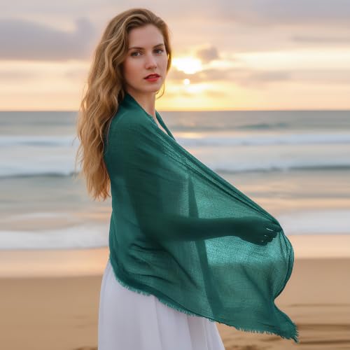 Nydotd Women Summer Cotton Linen Scarf Crinkle Long Beach Shawl Wrap hijab with Fringe - color: Dark Green