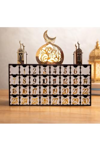 LED Lighted Ramadan Calendar, Wooden 30-Day Countdown, Yellow Acrylic Numbers, 50x45 cm - White, 0