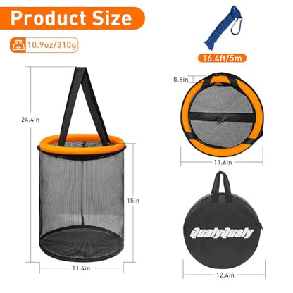 QualyQualy Floating Fish Basket for 5 Gallons Buckets, Foldable Fishing Basket Bait Net for Live Caught, Rubber Coated Mesh Fish Holder for Kayak Fishing Live Well Baitfish Minnow Bucket
