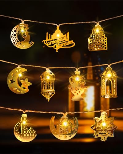 Ramadan Eid Mubarak Lights, 10 LED Battery Operated Eid Mubarak Lights with Metal Moon Star Lantern Ramadan Kareem, Islamic Home Decor for Bedroom Mantle Window Tree Fireplace Party - style: Vintage