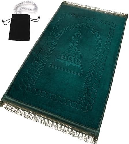 Prayer Rug Muslim Mat Islamic - Thick Large Padded Sajadah with Islam Prayer Beads for Eid Travel Ramadan, Soft Luxury Great for Knees and Forehead (Green R) - color: Greenr