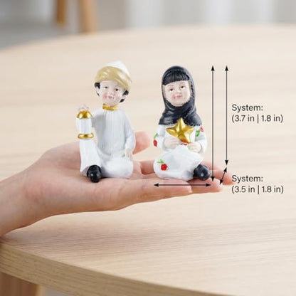 Ramadan Decorations for Home Set of 2 Resin Muslim Boy and Girl Figurines Holding Lantern and Star Islamic Decor Eid Mubarak Table Centerpieces for Iftar Office Desktop Display