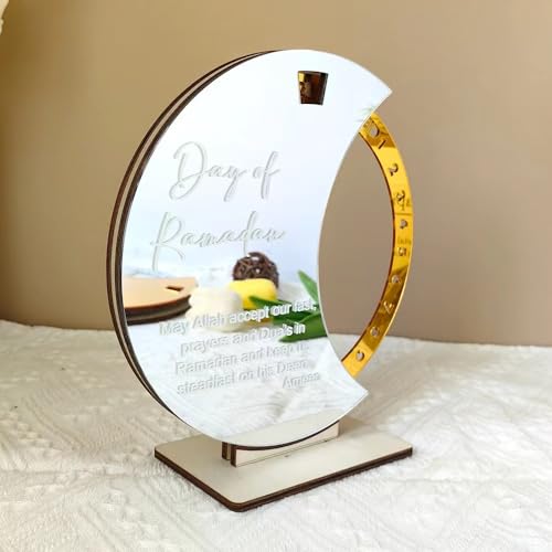 Ramadan Countdown Calendar, Acrylic Wooden Eid Mubarak Advent Countdown Calendar Rotating Moon Shaped Eid Calendar Ramadan Decorations Family Kids Gifts (Silver/golden) - color: Silver/golden