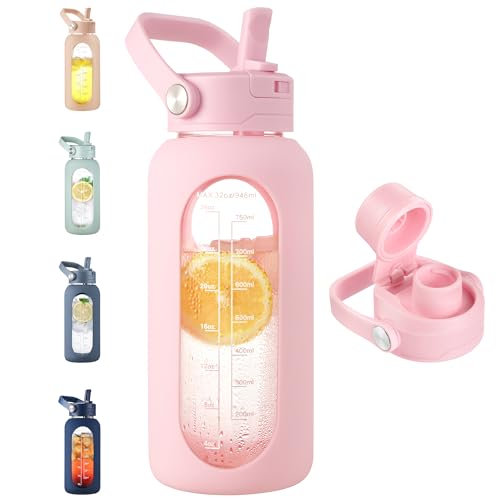 CIVAGO 32 oz Glass Water Bottle with Detachable Straw and Time Maker | Motivational Large Flask Cup with Handle, Leakproof Lids, Wide Mouth, Silicone Sleeve, Tumbler for Juice, Blush - color: Light Pink, size: 32 Ounces
