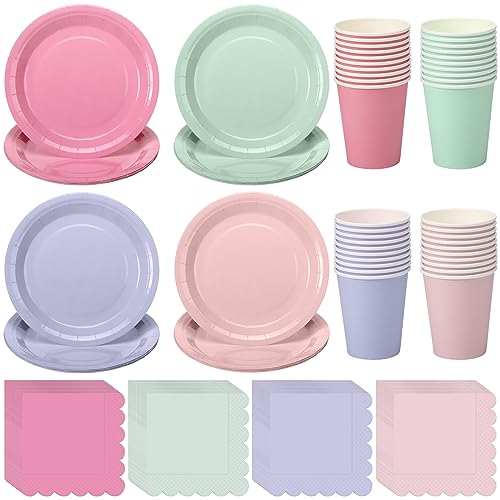 Hushee 180 Pcs Pastel Party Supplies Disposable Dinnerware Set 7 Inch Scalloped Paper Plates and 9 Oz Cups with Gold Foil Trim, Paper Napkins for Birthday Wedding Baby Shower Party Decoration, 4 Color