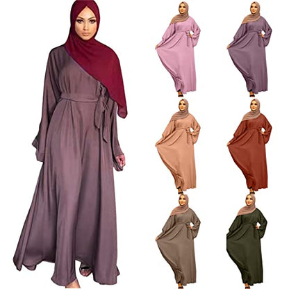 Casual Maxi Dresses for Women Long Sleeve Spring Pleated Flowy A Line Prayer Dress Muslim Dresses with Belt - color: Purple, size: Large