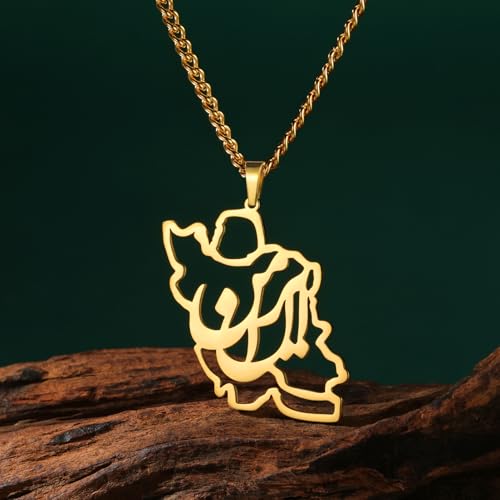 LIKGREAT Iran Map Necklace with Persian Calligraphy Stainless Steel Iranian Cultural Farsi Script Pendant Necklace Patriotic Peace Jewelry - color: 1-gold