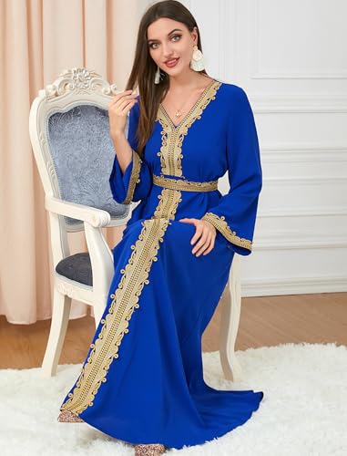 FYMNSI Women Muslim Abaya Dress Islamic Dubai Modest Lace Belted Dress Abayas Kaftan Eid Prayer Clothes Arabian Maxi Robe - color: Blue, size: Medium