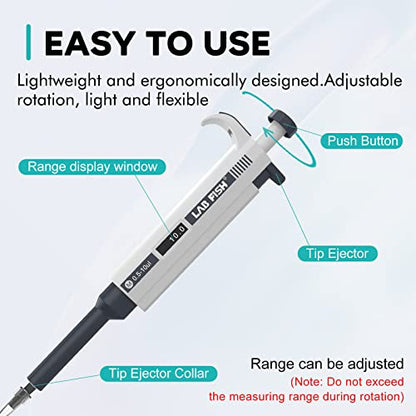 LAB FISH Laboratory Micropipette 0.5-10ul Capacity High Accurate Single Channel Pipettor Manual Adjustable Volume Pipettes Increment 0.1ul with 1000pcs 10ul Pipette Tips Set - style: 0.5-10ul Set