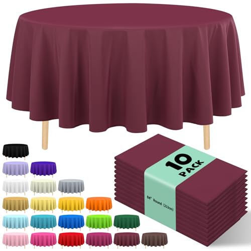 10 Pack Premium Disposable Plastic Tablecloth 84" Round Table Cover for Birthdays Weddings Christmas Anniversary Buffet Table (Burgundy) - color: Burgundy, size: 84" Round