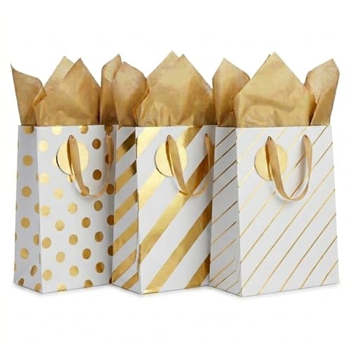 MilkToast Brands 3 Pack Medium Gift Bags Set – White & Gold Designs (Polka Dot, Stripes) with Tissue Paper & To/From Tags – Premium Birthday, Holiday Gift Wrapping Bags (White) - color: White & Gold