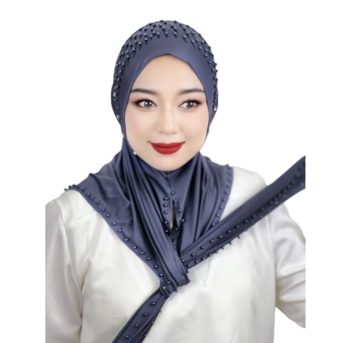 Suillty Women's Pearls Muslim Islam Instant Hijab Scarf Soft Turkish Headwear Jersey Headscarf Shawl Wrap - color: Light Purple