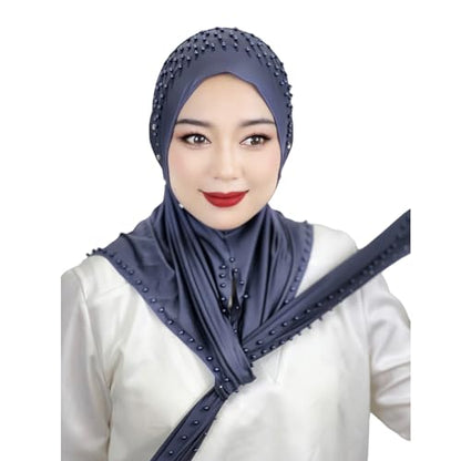 Suillty Women's Pearls Muslim Islam Instant Hijab Scarf Soft Turkish Headwear Jersey Headscarf Shawl Wrap - color: Light Purple