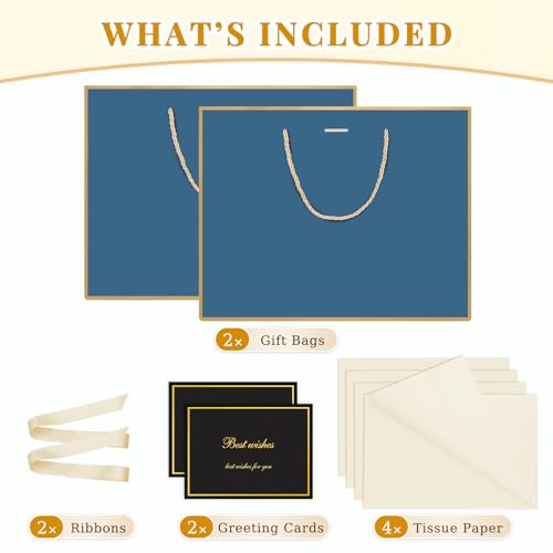 ANZNKU 2PCS Blue Gift Bags Set, Medium Gift Bags with Handles 4 Tissue Paper 2 Ribbons 2 Cards for Women & Men Wedding Birthday Graduation Bridal Baby Shower Engagement Party Favors Present Wrap - color: Navy Blue