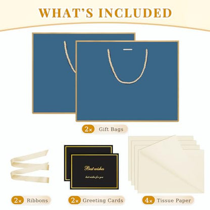 ANZNKU 2PCS Blue Gift Bags Set, Medium Gift Bags with Handles 4 Tissue Paper 2 Ribbons 2 Cards for Women & Men Wedding Birthday Graduation Bridal Baby Shower Engagement Party Favors Present Wrap - color: Navy Blue