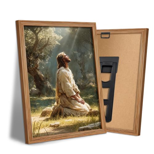 AUUAUU Jesus Praying in Gethsemane Wall Art, Wood Framed Religious Canvas Painting, Vintage Christian Wall Decor for Living Room Bedroom, 8x10 Inches Ready to Hang - color: Wooden Framed Jesus Praying Wall Art, size: 10"L x 8"W