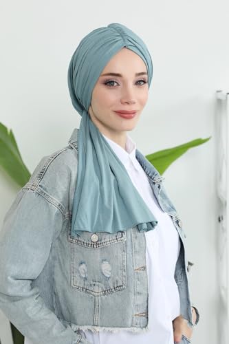 Aisha's Design Instant Hijab Scarves for Women, 95% Cotton Pretied Bonnet Turban Easy to Wear Cotton Headscarf - color: Dark Mint