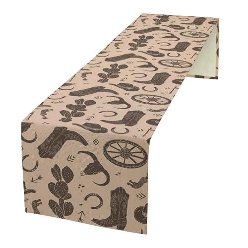 Rustic Western Table Runner, Vintage Cowboy Boots Hats Cow Skull Print Table Decoration for Kitchen Dining Indoor Outdoor Party Decor, 13x36 Inch - color: Cowboy -5, size: W13"x L36"
