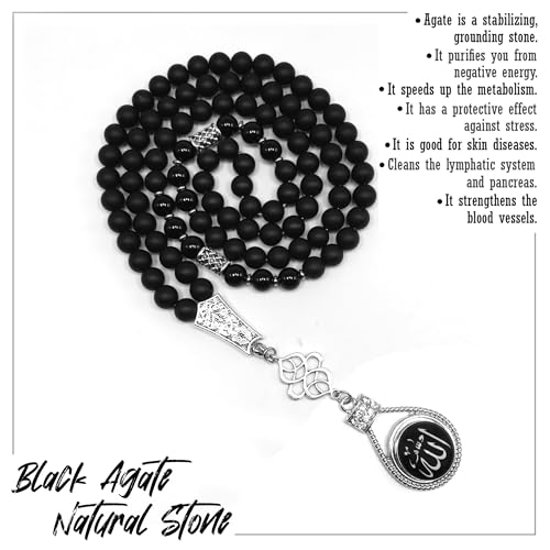 Special Prayer Beads Series -99 beads- Tesbih Tasbih Tasbeeh Misbaha Masbaha Subha Sebha Sibha (Black Agate Stone Beads -8 mm-) - color: Black Agate Stone Beads -8 mm-