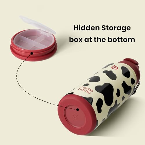 BOTTLE BOTTLE 32oz Insulated Water Bottle with Pill Box | Stainless Steel,Sport Water Bottle, with Straw Dual-use Lid and Pill Box, Design for Gym - color: cow