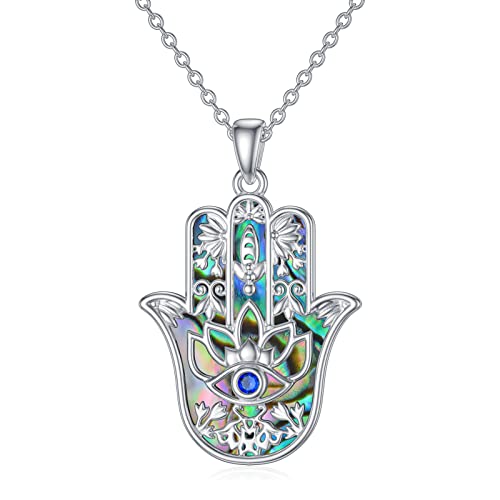 PROESS 925 Sterling Silver Hamsa/Allah Necklace Evil Eye Amulet Jewelry Gifts for Men Women - style: Abalone Shell Hamsa Necklace