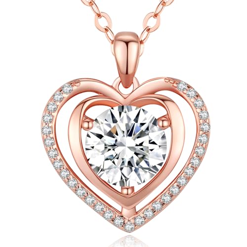 Heart Pendant Gold Necklace for Women Moissanite Lab-Created Gem I Love You Wedding Anniversary Birthday Christmas Valentine Engagements Mothers Day Jewelry for Wife Her Girlfriend Mom Daughter - color: 3CT-Rose Gold