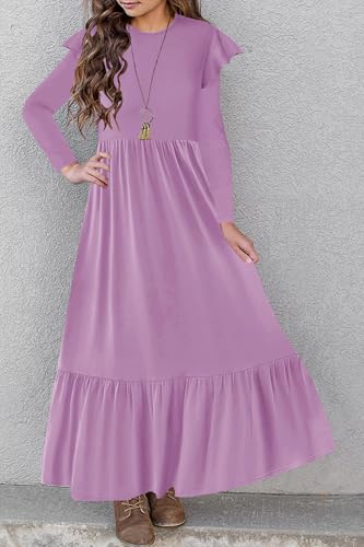 HOSIKA Girls Fall Ruffle Long Sleeve Crew Neck Loose Casual Flowy Tiered Maxi Dress with Pockets for 6-12 Y - color: Purple, size: 6 Years