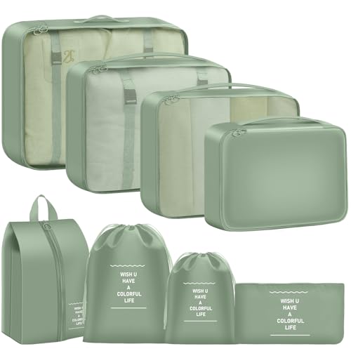 Packing Cubes for Travel 8 Set Luggage Organizer Bags - color: Matcha Green, size: 8 Set