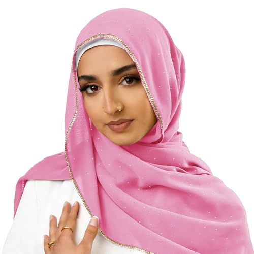 Hijab Scarf for Women Soft Chiffon Rhinestone Long Scarf Shawl Fashion Muslim Hijab Head Wrap Scarves - color: Deep Pink