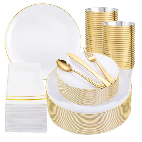 Festiva 350Pcs Gold Plastic Plates - White and Gold Dinnerware Set Disposable include 10" & 7" Plates,Cups,Silverware,Napkins -serve 50 Guests Perfect for Wedding& Easter&Birthday Party - color: Round Gold, size: 50 Guests