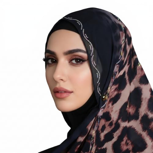 Chiffon Rhinestone Muslim Headscarf - color: Black Leopard Print 