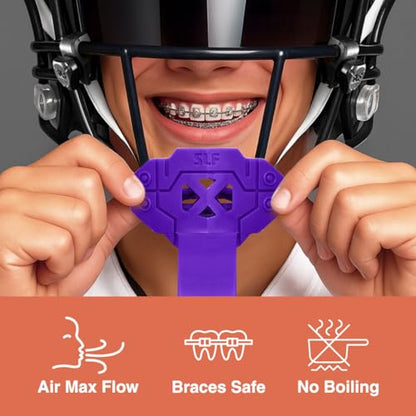 SLEEFS X Purple Football Mouth Guard - Lip/Mouthguard with Helmet Strap - Lip/Teeth Protector Mouthpiece - Moldable - for Youth/Adults, Men & Women Mouth Guard, Maximum Air Flow, Lacrosse, All Sports - color: Purple