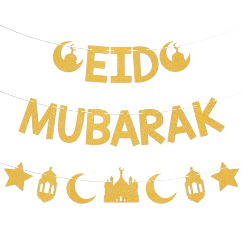Eid Mubarak Banner - Ramadan Mubarak Decor, Happy Eid Sign, Islamic Festiva Party Decorations Gold Glitter