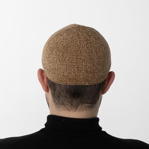 Modefa Islamic Prayer Kufi Hats for Men Chenille Knitted Stretchable Muslim Cap One-Size Fit - color: Camel Brown