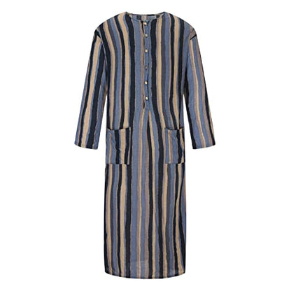 Men's Striped Robe Button Up Long Sleeve Kaftan Thobe Splits Long Gown Casual Shirt Ramadan Mosque Madrasa Outfits - color: Blue, size: Medium