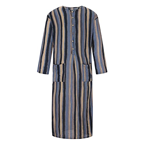 Men's Muslim Kaftan Thobe 3/4 Sleeve East Islamic Saudi Arabic Robes Lightweight Stripe Printed Dubai Caftan Gown - color: Blue, size: Large