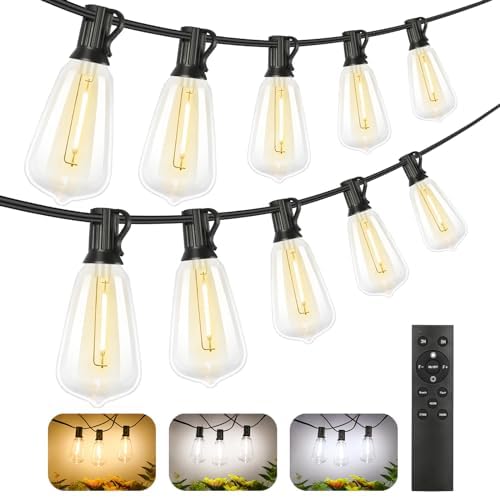 Brightever 3 Color in 1 LED Outdoor String Lights with Remote, 100FT Edison Hanging String Lights for Outside Dimmable, Outdoor Lighting for Patio Café Bistro with 52 ST38 LED Bulbs, 2700K/4000K/5000K - color: Black Wire 3CCT, size: 100FT