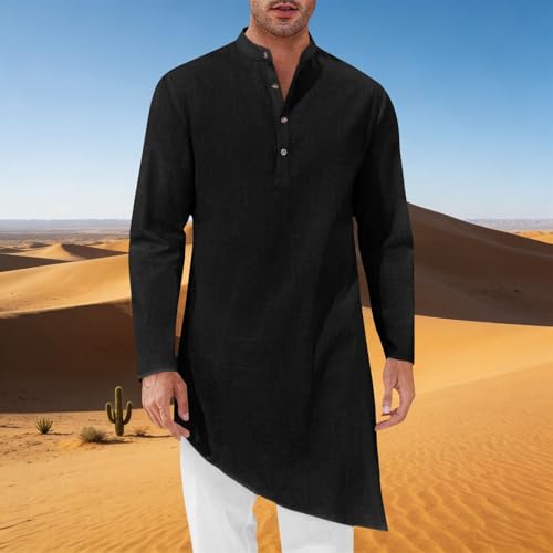 Mens Kaftan Robe Thobe Cotton Long Sleeve Henley Shirt Casual Muslim Gown Kurta Tops - color: Black, size: 3X-Large