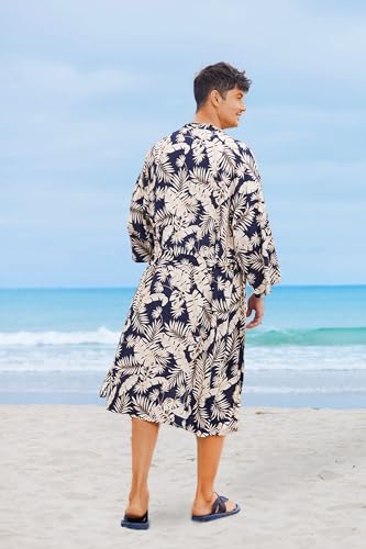 COOFANDY Men Lightweight 2 Piece Kimono Robe with Shorts Japanese Robes Casual Open Front Long Cardigan With Belt - color: Navy Blue(leaves), size: Small