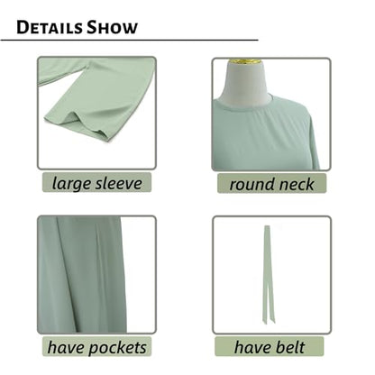 Women Abaya Dress with Belt Muslim Bell Sleeve Robe Islamic Prayer Jilbab | with Belt, A-line Skirt, Bell Sleeve - color: Light Green, size: Medium