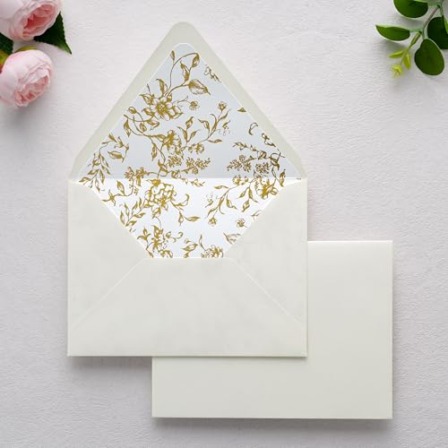 PONATIA 50PCS A7 Euro Flap Gold Foil Liner Envelopes, 5x7 Wedding Envelopes, Perfect for Invitation, Baby Shower, Acrylic Cards, Christmas Greeting Cards (Sparkle Ivory + Goil Foil) - color: Sparkle Ivory + Goil Foil