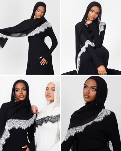 JUMISEE Elegant Floral Lace Hijab Scarf for Women Soft Cotton Head Wrap Instant Hijab Long Scarves Evening Dress Shawl - color: Black With White Lace Trim