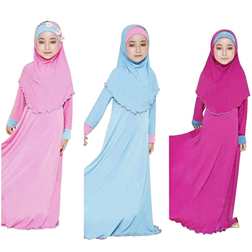 Abaya for GirlsBaby Girl Kids Solid Color Muslim Dress Islami𝐜 Long Muslim Abaya with Embroidery Hijab Long Sleeve Dress - color: Sky Blue, size: 9-10 Years