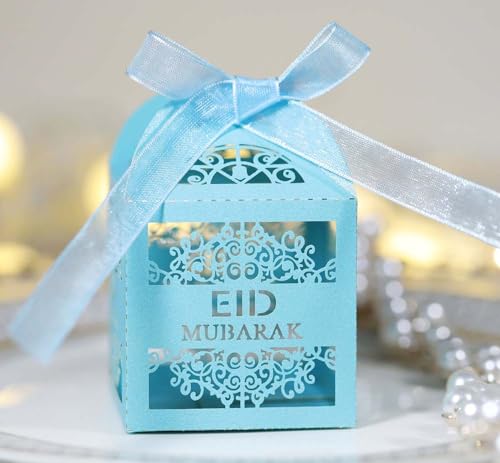 Steedna 50 Pack Square Chocolate Gift Box Hollow Out EID Wedding Party Favors Laser Cut Candy Boxes MUBARAK Party Favors Chocolate Box Ideal for Weddings, Birthdays & Anniversaries (Tiffany) - color: Tiffany