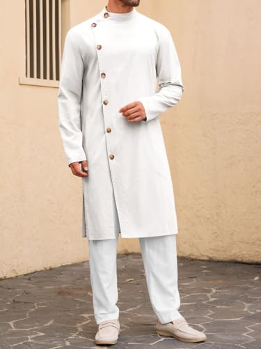 Runcati Mens Kaftan Thobe Button Down Long Sleeve Robe Casual Henley Shirt Cotton Muslim Gown Kurta Tops - color: White, size: X-Large
