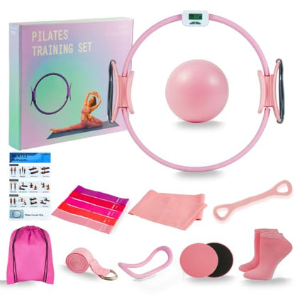 Pilates Kit for Home Workouts,Pilates Equipment for Women with 15" Ring | Pilates Ring with Smart Counter & Timer,Pilates Resistance Bands, Ball 9.8" Socks,Core Sliders Pilates Starter Kit for Women