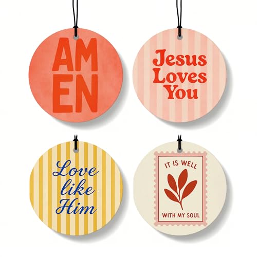 Boho Christian Round Car Air Freshener 4 Pcs Coconut Scented, Inspirational Religious Car Accessories Mirror Decor for Women, Christian Hanging Air Freshener for Cars Closet Drawer Books - color: Color-24(Circle)